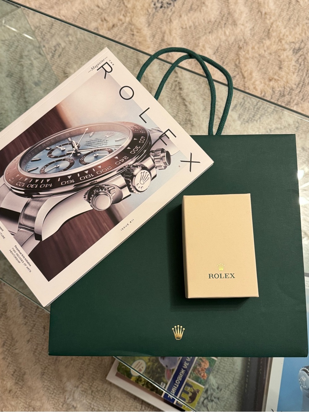 Rolex Green Gift Bag with Beige Box and Gold Logo